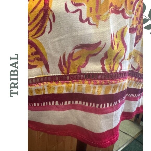 Tribal Border Print Knit Top Ruffle Short Sleeve Pink Yellow White Size XXL - Picture 8 of 9